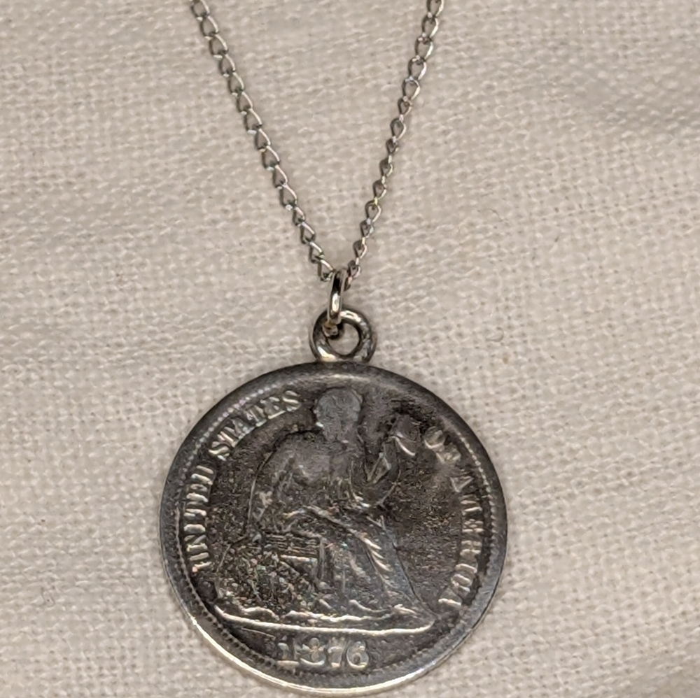VINTAGE Love Token Coin Necklace 1876 Seated Liberty Sterling Silver Pendent - Picture 4 of 10